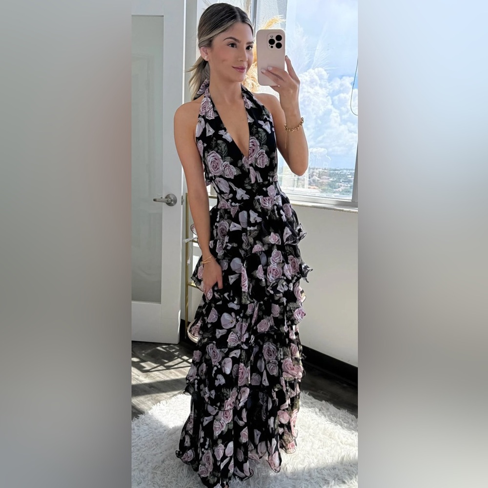 Floral Halter Ruffle Maxi Dress